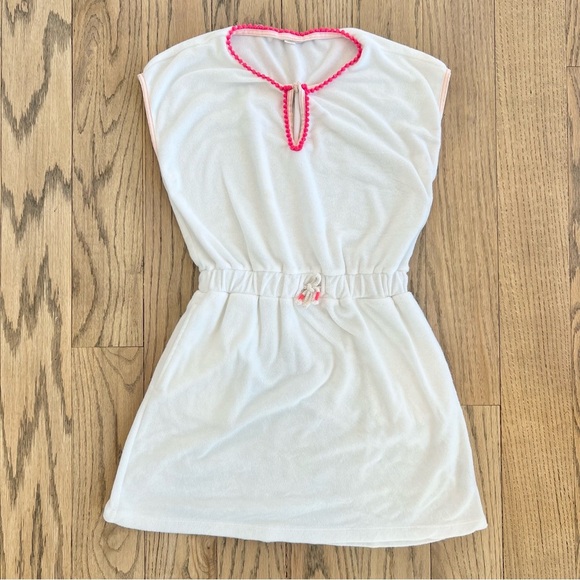 Crewcuts J Crew Girls White Terrycloth Pink Pom Pom Trim Swim Coverup Size 12 - Picture 1 of 7